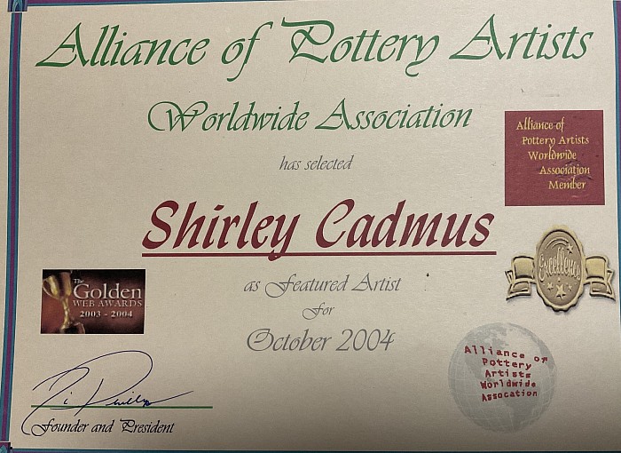 Cadmus Alliance of Pottery Artists certificate