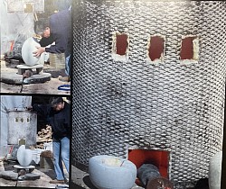 Cadmus placing pottery to be Raku fired on a kiln shelf, lowers kiln on top